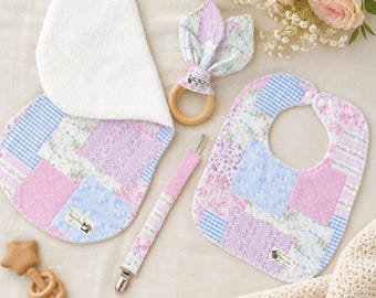Handmade Baby  Gift Set | Bib, Burp Cloth, Teething Ring & Pacifier Clip | Baby Shower Gift | Newborn Gift Set | Floral Baby Essentials