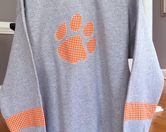 Clemson Inspired Gingham Paw Sweatshirt, handmade appliqué Orange Checkered Tiger Paw Crewneck