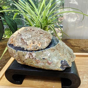 May include: A natural geode rock with a rough, textured exterior in shades of tan, gray, and brown, featuring a dark, smooth, polished interior cavity. The geode is split into two pieces and rests on a black, curved, rectangular wooden display stand.