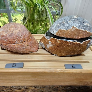 May include: Two natural stone boxes with lids resting on a bamboo tray. The left box is reddish-brown with a textured surface. The right box is gray and brown with a smooth, dark interior rim. Small gray labels marked D and E are present.