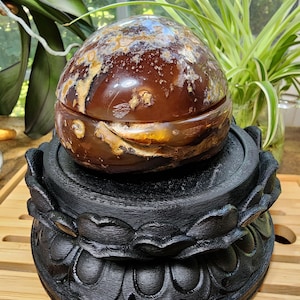 May include: A polished, rounded brown agate stone box with natural white and tan inclusions, resting on a black, circular, tiered display stand featuring carved petal-like details around the base and the upper rim.