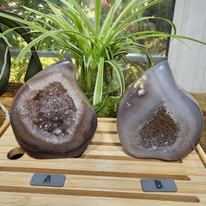 Pick up your Own: Banded Agate Freeform with Sparkling Amethyst Druzy, Polished Crystal Flame Carving, with wood stand.