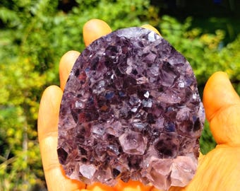 Whole body Polished purple Amethyst Cluster Specimen with Ocean Jasper Back, self-stand 131g