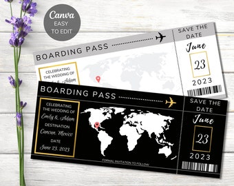 Boarding Pass Save The Date Template, Destination Wedding Save The Date, Black and Gold, Editable Canva Template, Digital Download