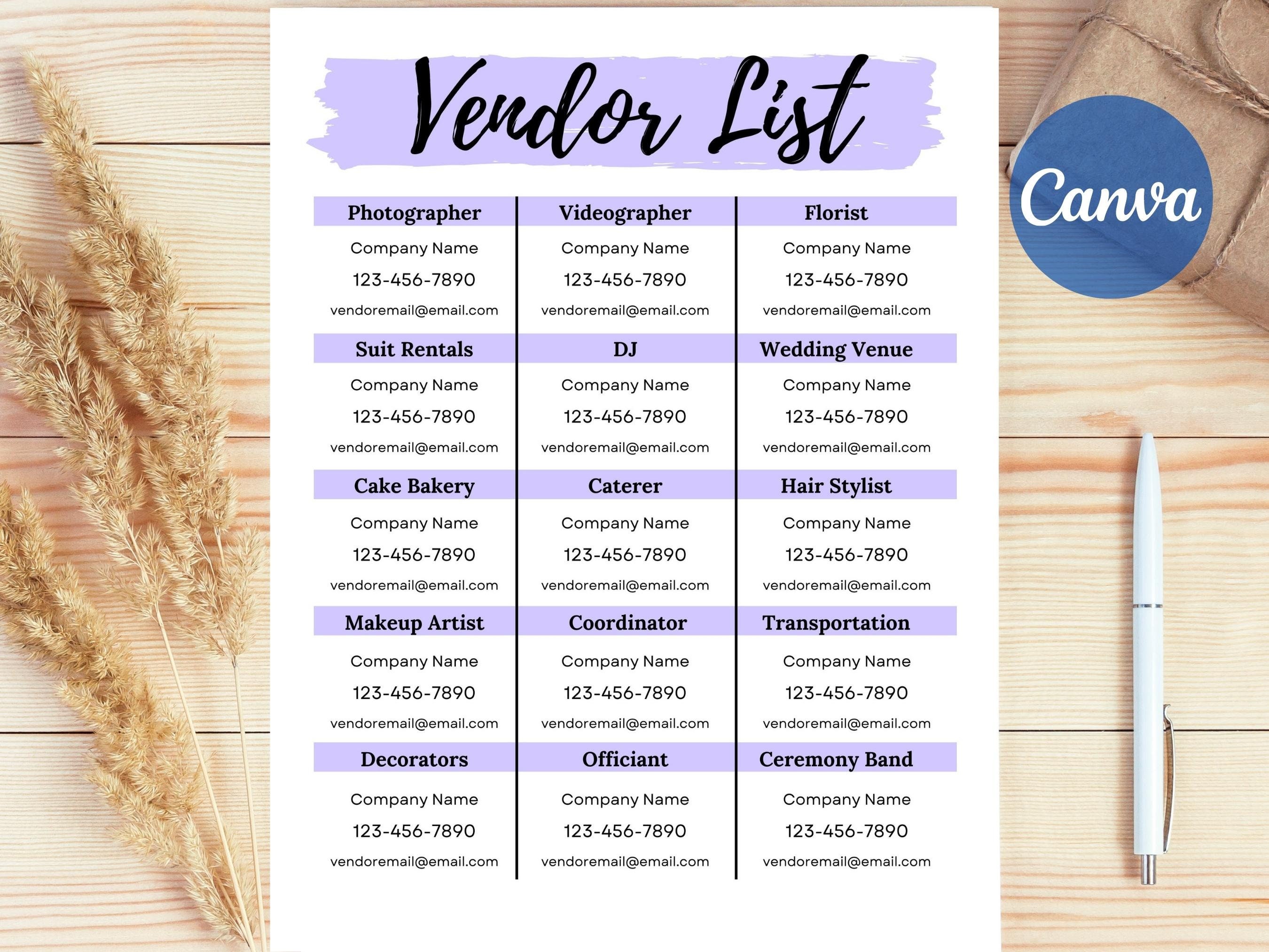 Wedding Vendor List Template, Editable Canva Template, Printable Wedding Vendor List Template, Editable Canva Template, Printable