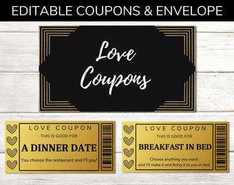 Printable Love Coupons for Him or Her. Editable Template. Birthday Gift, Anniversary Gift, Romantic Gift for Him, Thoughtful Gift for Her.