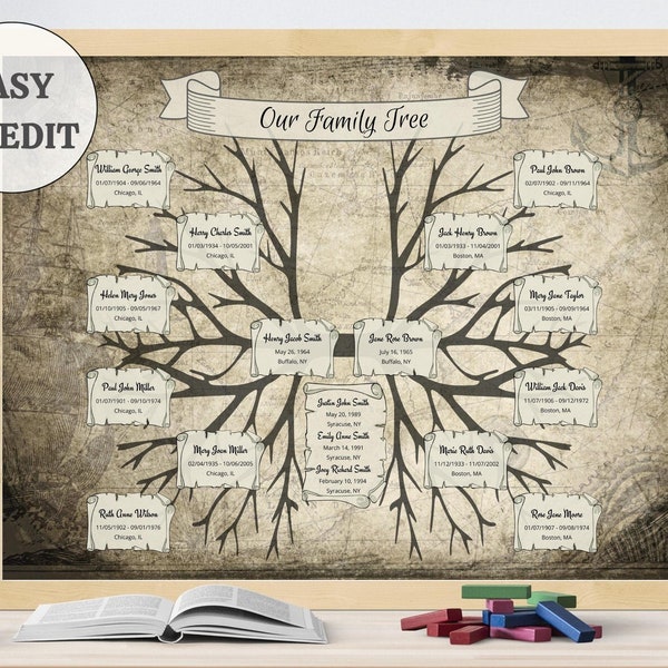 Family Tree Template, Four Generations, DIY, Vintage, Chart, Editable, 8x10, 16x20, 18x24, Print, Sign, Genealogy, Wall Art, Canva Template