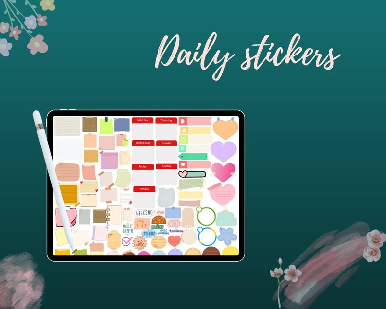 May include: A digital tablet displaying a variety of colorful stickers for daily planning. The stickers include hearts, stars, circles, and squares with different text and designs. The text on the stickers includes "Weekend", "Make it Happen", "To Do", and "Notes".