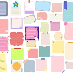 May include: A collection of 30 colorful blank note papers with various shapes, sizes, and designs. The papers are perfect for journaling, note-taking, or adding a touch of whimsy to your planner.