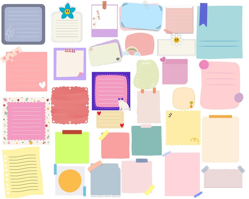 May include: A collection of 30 colorful blank note papers with various shapes, sizes, and designs. The papers are perfect for journaling, note-taking, or adding a touch of whimsy to your planner.