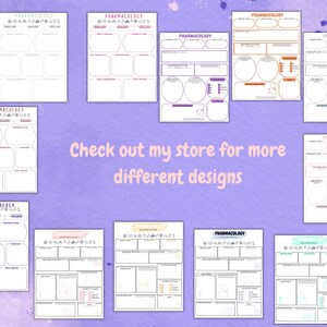 Pode incluir: Um conjunto de guias de estudo de farmacologia imprim&iacute;veis com diferentes layouts e designs. Os guias apresentam v&aacute;rias se&ccedil;&otilde;es para anota&ccedil;&otilde;es, diagramas e conceitos-chave. O texto "Check out my store for more different designs" est&aacute; inclu&iacute;do na imagem.