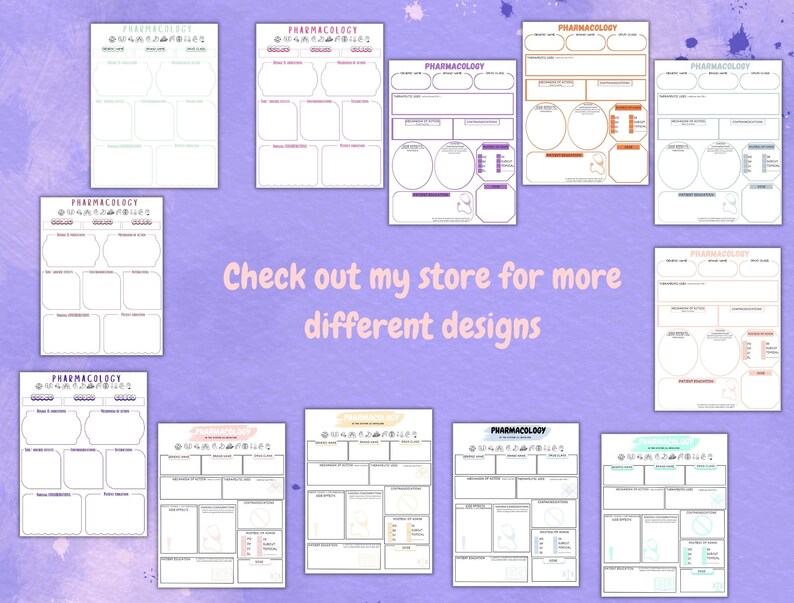 Pode incluir: Um conjunto de guias de estudo de farmacologia imprim&iacute;veis com diferentes layouts e designs. Os guias apresentam v&aacute;rias se&ccedil;&otilde;es para anota&ccedil;&otilde;es, diagramas e conceitos-chave. O texto "Check out my store for more different designs" est&aacute; inclu&iacute;do na imagem.