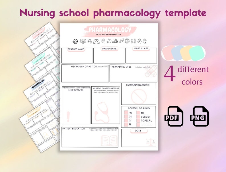 Pode incluir: Um modelo de farmacologia imprim&iacute;vel para a escola de enfermagem com um esquema de cores rosa, azul e verde. O modelo inclui se&ccedil;&otilde;es para o nome gen&eacute;rico, o nome da marca, a classe de medicamentos, o mecanismo de a&ccedil;&atilde;o, os usos terap&ecirc;uticos, as contraindica&ccedil;&otilde;es, os efeitos colaterais, as considera&ccedil;&otilde;es de enfermagem, a educa&ccedil;&atilde;o do paciente, as vias de administra&ccedil;&atilde;o e a dosagem.