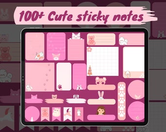 Pink Animal Sticky Notes, Digital Planner Stickers (PNG)