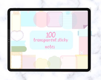 Puede incluir: La pantalla de una tableta digital muestra 100 notas adhesivas transparentes en varios colores pastel y diseños, incluyendo corazones, nubes y animales. Las notas están dispuestas en un patrón de collage sobre un fondo blanco. El texto "100 notas adhesivas transparentes" se muestra en letras rosas.