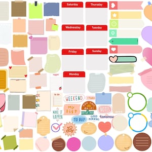 May include: A collection of colorful, patterned, and blank sticky notes, hearts, and circles. The notes are in various shapes and sizes, including rectangular, square, and round. Some notes have text on them, such as "Weekend", "My list", "To buy", and "Good morning".