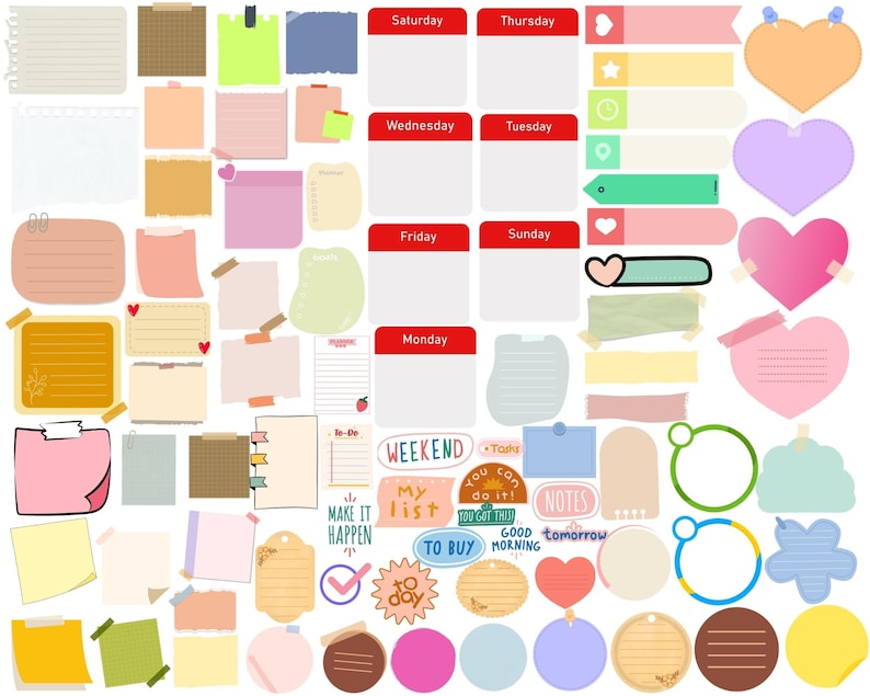 May include: A collection of colorful, patterned, and blank sticky notes, hearts, and circles. The notes are in various shapes and sizes, including rectangular, square, and round. Some notes have text on them, such as "Weekend", "My list", "To buy", and "Good morning".