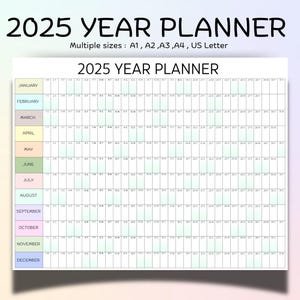 Op de afbeelding: Een printbare jaarplanner voor 2025 met een rasterindeling en pastelkleurige maandkoppen. De planner is verkrijgbaar in verschillende formaten: A1, A2, A3, A4 en US Letter.