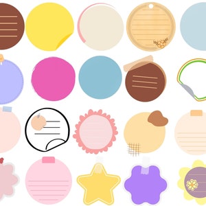 May include: A set of 20 colorful circle and star shaped stickers with lined and blank spaces for writing notes. The stickers have various designs including flowers, polka dots, and a woodgrain texture.