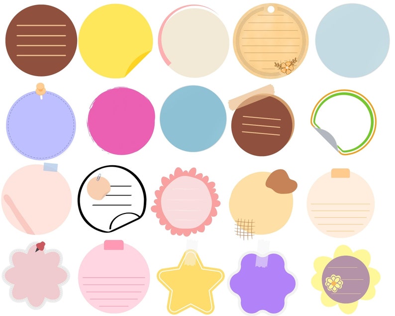 May include: A set of 20 colorful circle and star shaped stickers with lined and blank spaces for writing notes. The stickers have various designs including flowers, polka dots, and a woodgrain texture.