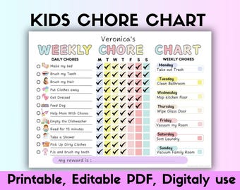 May include: A printable chore chart for kids with a pink, blue, and yellow color scheme. The chart includes a list of daily chores and weekly chores. The chart is titled "Veronica's Weekly Chore Chart".