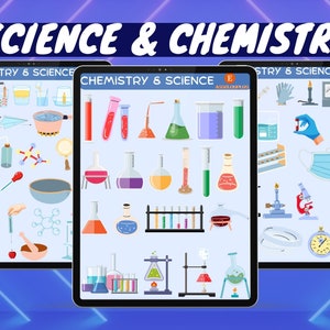 May include: Three digital tablet screens with illustrations of science and chemistry equipment. The screens show various lab equipment, including beakers, flasks, test tubes, microscopes, and other tools. The text on the screens reads "Chemistry & Science".