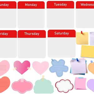 May include: A weekly planner with red, white, and gray color scheme. The planner has seven days of the week labeled: Sunday, Monday, Tuesday, Wednesday, Thursday, Friday, and Saturday. The planner has blank spaces for writing notes or appointments. The planner also includes various colorful sticky notes, hearts, and clouds.