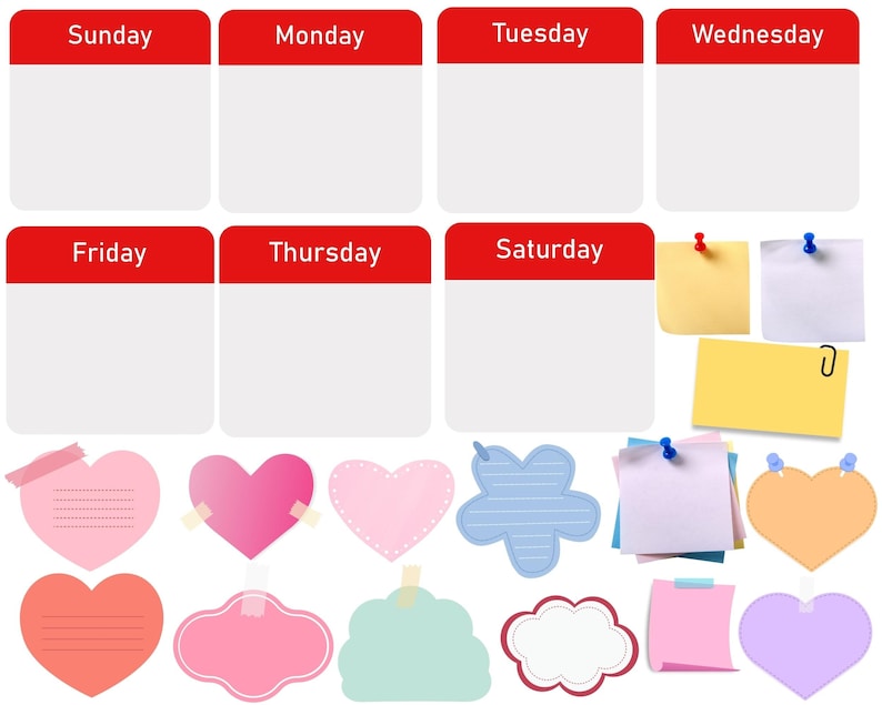 May include: A weekly planner with red, white, and gray color scheme. The planner has seven days of the week labeled: Sunday, Monday, Tuesday, Wednesday, Thursday, Friday, and Saturday. The planner has blank spaces for writing notes or appointments. The planner also includes various colorful sticky notes, hearts, and clouds.