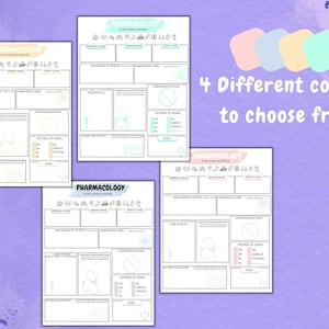 Pode incluir: Quatro guias de estudo de farmacologia imprim&iacute;veis em diferentes cores pastel: azul claro, rosa claro, amarelo claro e verde claro. Cada guia tem se&ccedil;&otilde;es para o nome gen&eacute;rico, o nome da marca, a classe de medicamentos, o mecanismo de a&ccedil;&atilde;o, os usos terap&ecirc;uticos, os efeitos colaterais, as considera&ccedil;&otilde;es de enfermagem, as contraindica&ccedil;&otilde;es, as vias de administra&ccedil;&atilde;o, a educa&ccedil;&atilde;o do paciente e a dose.