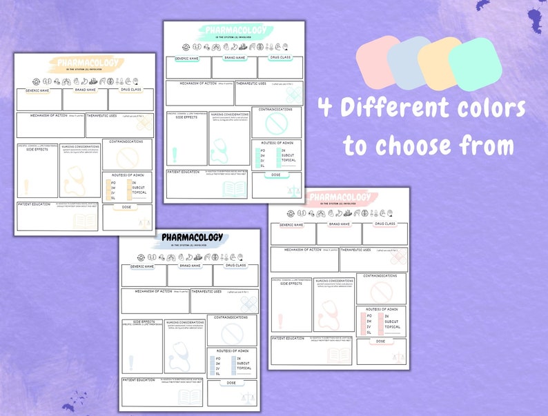 Pode incluir: Quatro guias de estudo de farmacologia imprim&iacute;veis em diferentes cores pastel: azul claro, rosa claro, amarelo claro e verde claro. Cada guia tem se&ccedil;&otilde;es para o nome gen&eacute;rico, o nome da marca, a classe de medicamentos, o mecanismo de a&ccedil;&atilde;o, os usos terap&ecirc;uticos, os efeitos colaterais, as considera&ccedil;&otilde;es de enfermagem, as contraindica&ccedil;&otilde;es, as vias de administra&ccedil;&atilde;o, a educa&ccedil;&atilde;o do paciente e a dose.
