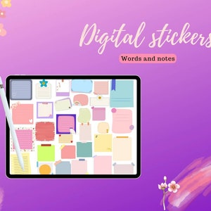 May include: A digital tablet screen displaying a collection of colorful digital stickers for note-taking and journaling. The stickers feature various shapes, sizes, and designs, including lines, hearts, and stars. The text "Digital Stickers" and "Words and notes" is displayed on the screen.
