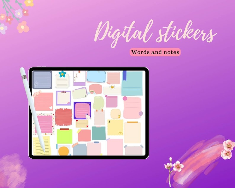May include: A digital tablet screen displaying a collection of colorful digital stickers for note-taking and journaling. The stickers feature various shapes, sizes, and designs, including lines, hearts, and stars. The text "Digital Stickers" and "Words and notes" is displayed on the screen.