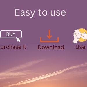 May include: A graphic illustration showing three steps to purchase and use a product: 1. Purchase it with a button that says "BUY", 2. Download it with a downward arrow, and 3. Use it with a hand holding a smartphone.