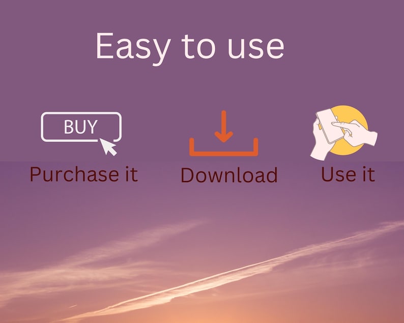 May include: A graphic illustration showing three steps to purchase and use a product: 1. Purchase it with a button that says "BUY", 2. Download it with a downward arrow, and 3. Use it with a hand holding a smartphone.
