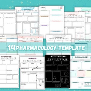 May include: A collection of 14 pharmacology study templates featuring various layouts for drug classification, mechanism of action, side effects, and nursing implications. The pages include headers labelled PHARMACOLOGY and DRUG, with white, black, and pastel colour schemes.