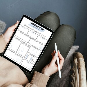 Pode incluir: Um tablet digital que exibe um guia de estudo de farmacologia com se&ccedil;&otilde;es para a classe de medicamentos, o nome da marca, o mecanismo de a&ccedil;&atilde;o, os efeitos colaterais, os usos terap&ecirc;uticos, as contraindica&ccedil;&otilde;es, as vias de administra&ccedil;&atilde;o e a educa&ccedil;&atilde;o do paciente. O tablet est&aacute; sendo segurado por uma pessoa que usa uma caneta.
