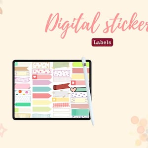 May include: A digital tablet screen displaying a variety of colorful digital stickers, including labels, washi tape, and other decorative elements. The text "Digital stickers" and "Labels" is visible on the screen.