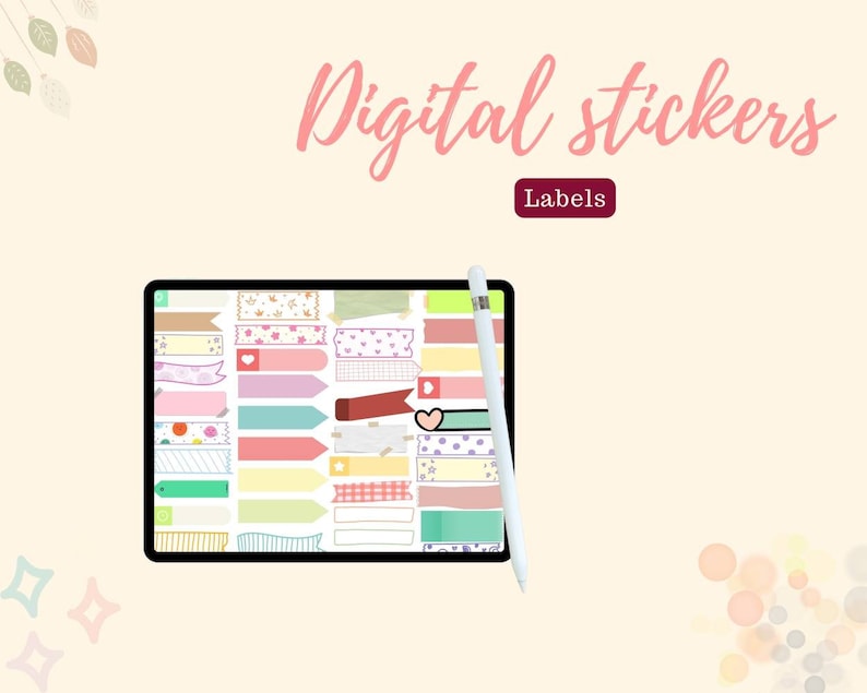 May include: A digital tablet screen displaying a variety of colorful digital stickers, including labels, washi tape, and other decorative elements. The text "Digital stickers" and "Labels" is visible on the screen.