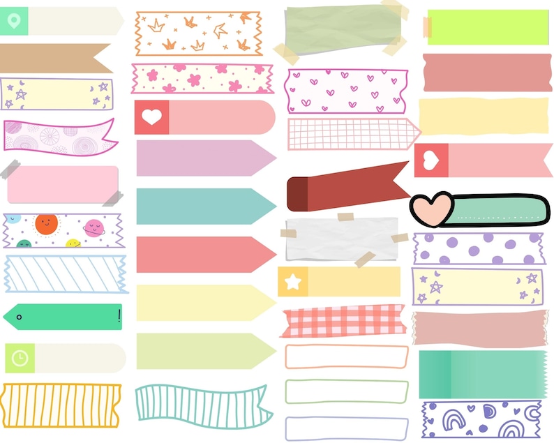 May include: A set of colorful washi tape with various patterns, including stars, hearts, polka dots, and stripes. The tape is perfect for decorating planners, journals, and other paper crafts.