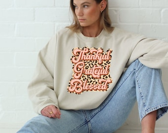 Sudadera agradecida, agradecida, bendita, sudadera de Acción de Gracias, sudadera de guepardo de otoño, cuello redondo de otoño, linda sudadera de Acción de Gracias