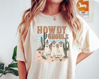 Howdy Ghouls Comfort Colors Shirt, Western Ghost Shirt, Retro Halloween Shirt, Cowboy Ghost Shirt, Western Halloween Shirt