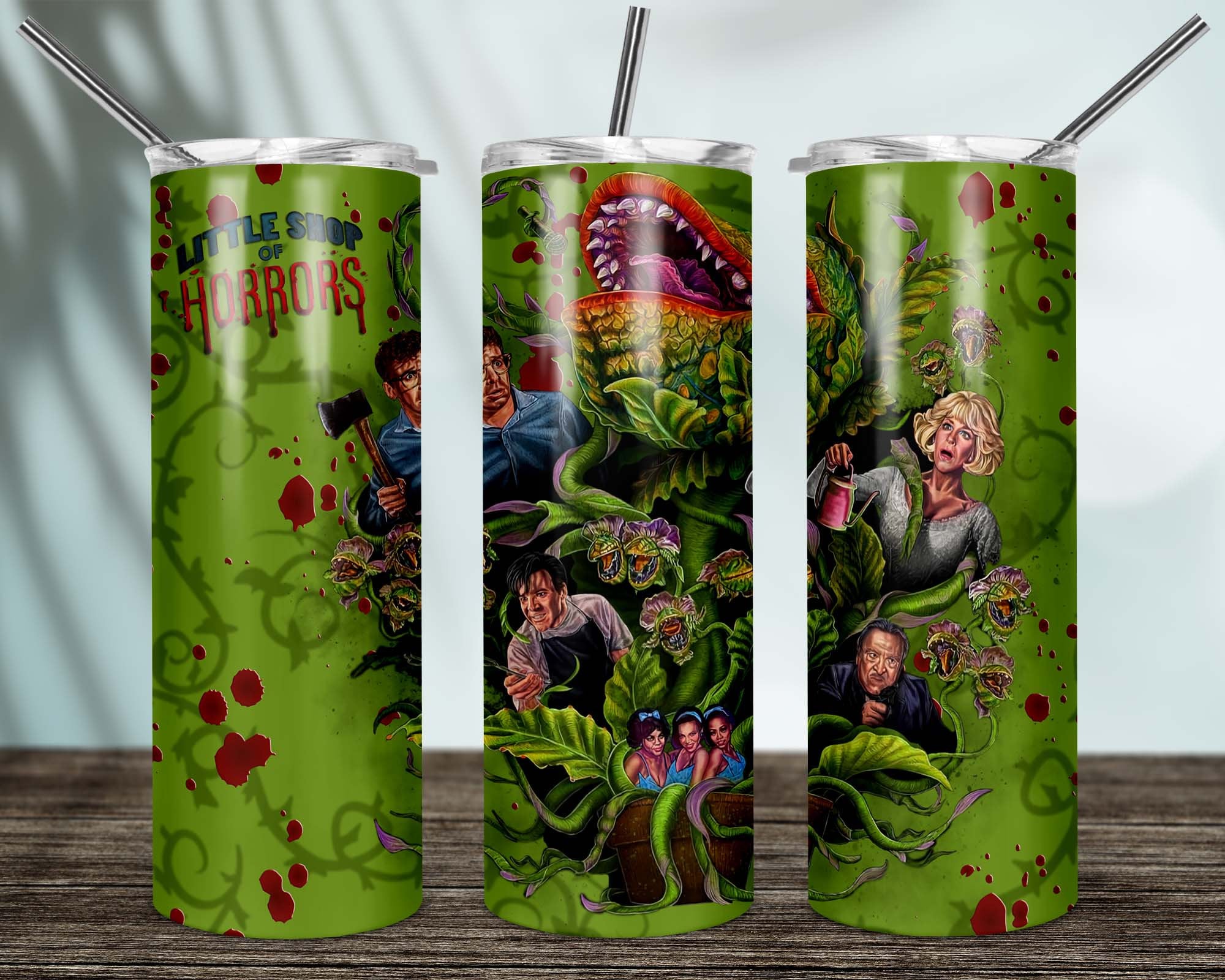 Small Scale) Little Monster, Green on Grey Stainless Tumbler with Straw