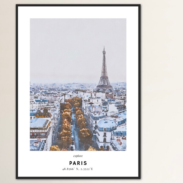 Paris Druck, Paris Poster, Paris ReiseDruck, Frankreich Poster, Aquarell Malerei, Paris Geschenk, Paris Koordinaten