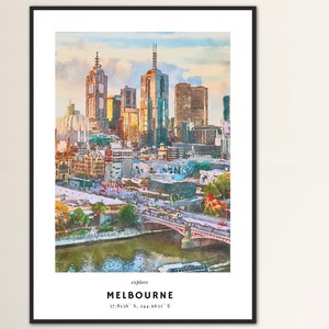 Melbourne Print, Melbourne Poster, Melbourne Travel Print, Australia Poster, Watercolour Painting, Melbourne Gift, Melbourne Coordinates