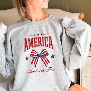 Land of The Free Sweatshirt, America Hoodie, Patriotic Crewneck, America Coquette Bow Sweater, USA Sweatshirt, 4th of July Hoodie