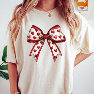 Coquette Valentine Heart Bow T-Shirt, Retro Valentine Shirt, Valentine&#39;s Day Shirt, Coquette Bow Tee, Gift For Her, Bow Tee, Comfort Colors