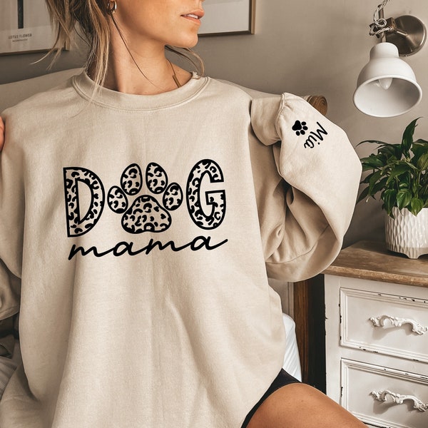 Custom Leopard Dog Mama Sweatshirt, Custom Dog Mom Sweatshirt, Dog Name on Sleeve Hoodie, Dog Mom Gift, Gift For Dog Mom, Dog Mama Crewneck