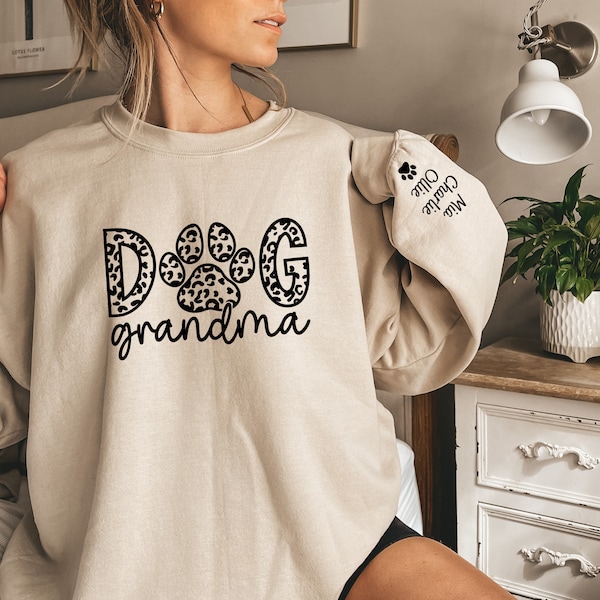 Custom Leopard Dog Grandma Sweatshirt, Custom Dog Mom Sweatshirt, Dog Name on Sleeve Hoodie, Gift For Dog Grandma, Dog Mama Crewneck