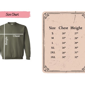 Puede incluir: Una sudadera verde oliva con un gr&aacute;fico de tabla de tallas. La tabla muestra las medidas de pecho y altura en pulgadas para las tallas S a 3XL. El texto "Size Chart" est&aacute; en un rect&aacute;ngulo rosa.