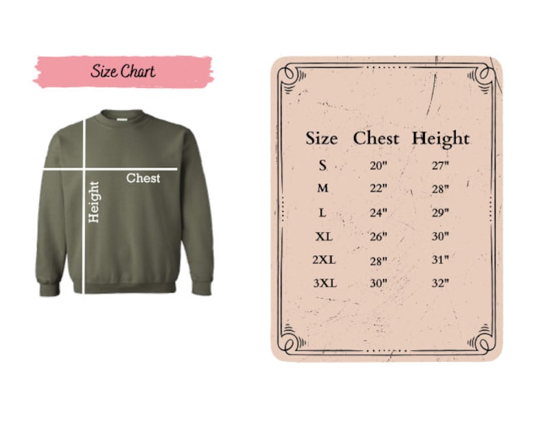 Puede incluir: Una sudadera verde oliva con un gr&aacute;fico de tabla de tallas. La tabla muestra las medidas de pecho y altura en pulgadas para las tallas S a 3XL. El texto "Size Chart" est&aacute; en un rect&aacute;ngulo rosa.